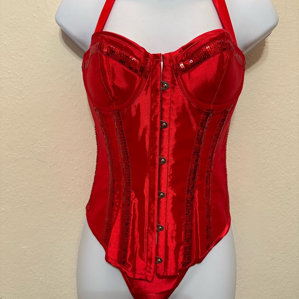 Red satin and sequin corset. Silk ribbon 🎀 halter and lace up back w/ G-string